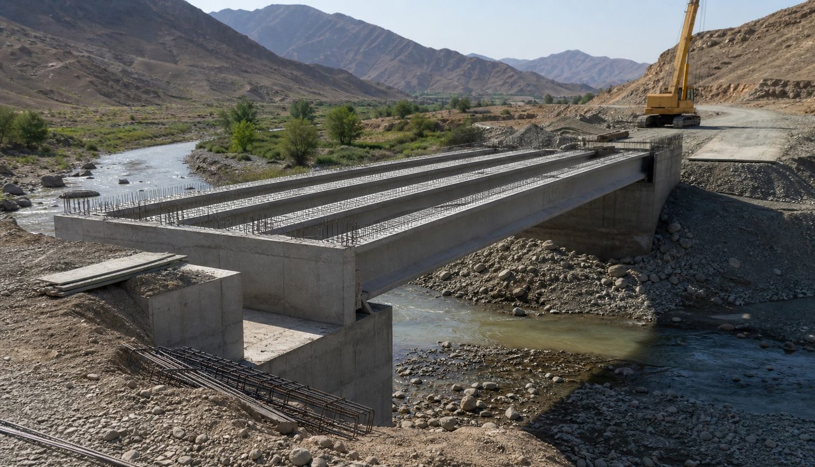 Concrete bridge construction project in an Afghanistan valley